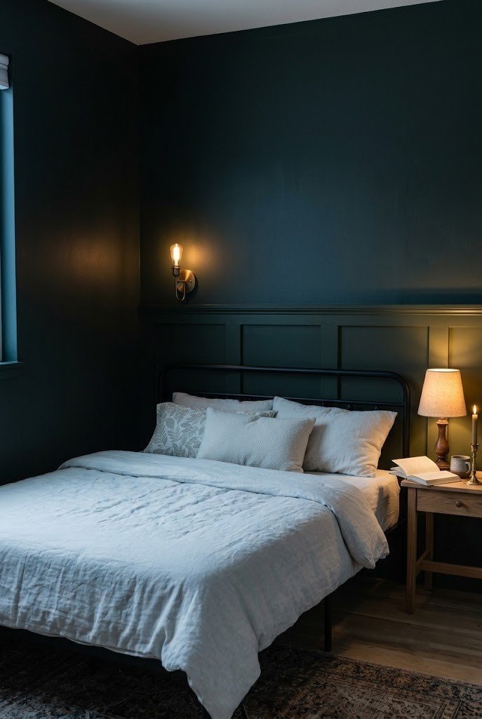 Near-black hunter green accent wall with a black bed frame and brass sconce