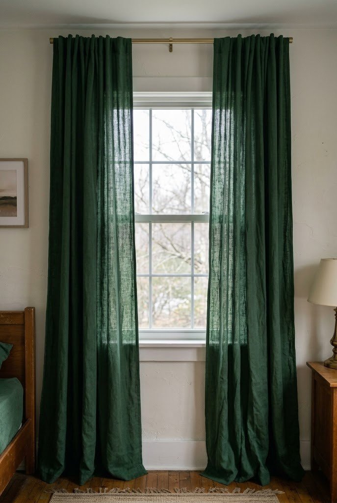 Hunter green linen curtains hung high and wide over a bedroom window
