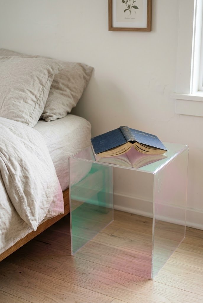 Small iridescent acrylic nightstand with a pink to green color shift beside a bed