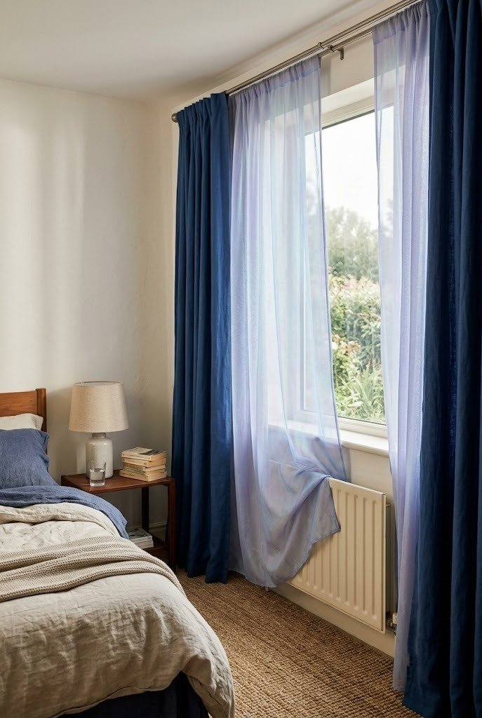 Sheer iridescent voile curtain layered in front of solid indigo drapes in a small bedroom