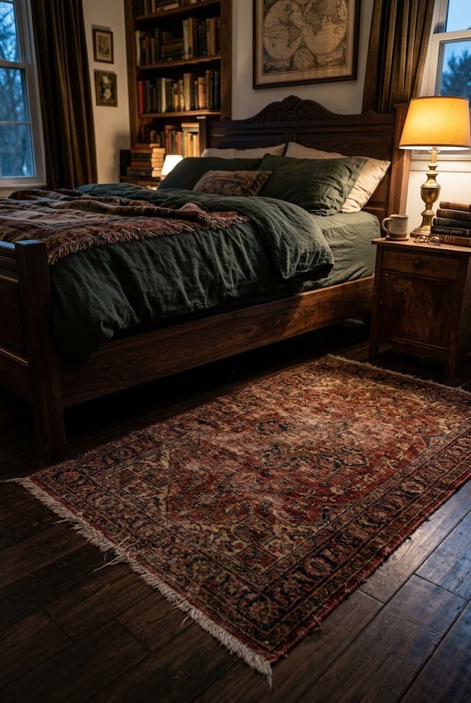 Velvet jewel-tone pillows and a cognac throw on a bed