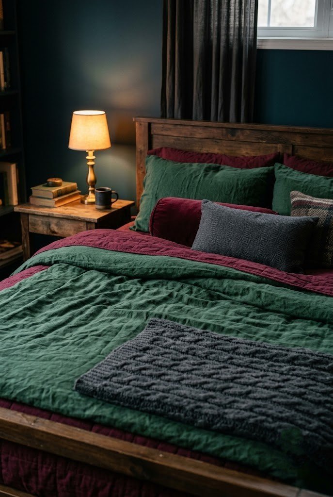 Bed layered in forest green, burgundy and charcoal jewel-tone bedding
