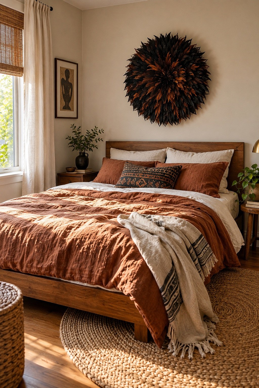 Black and rust feather juju hat mounted above a low wooden bed in a small bedroom corner