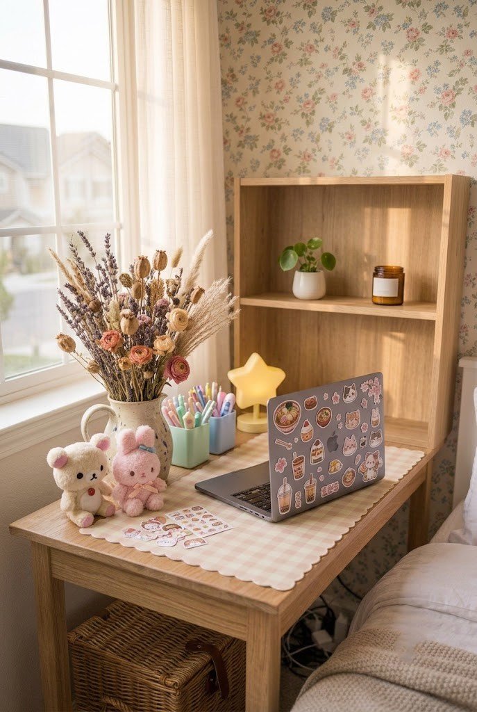 Kawaii pastel dorm desk with plushies and cute stationery
