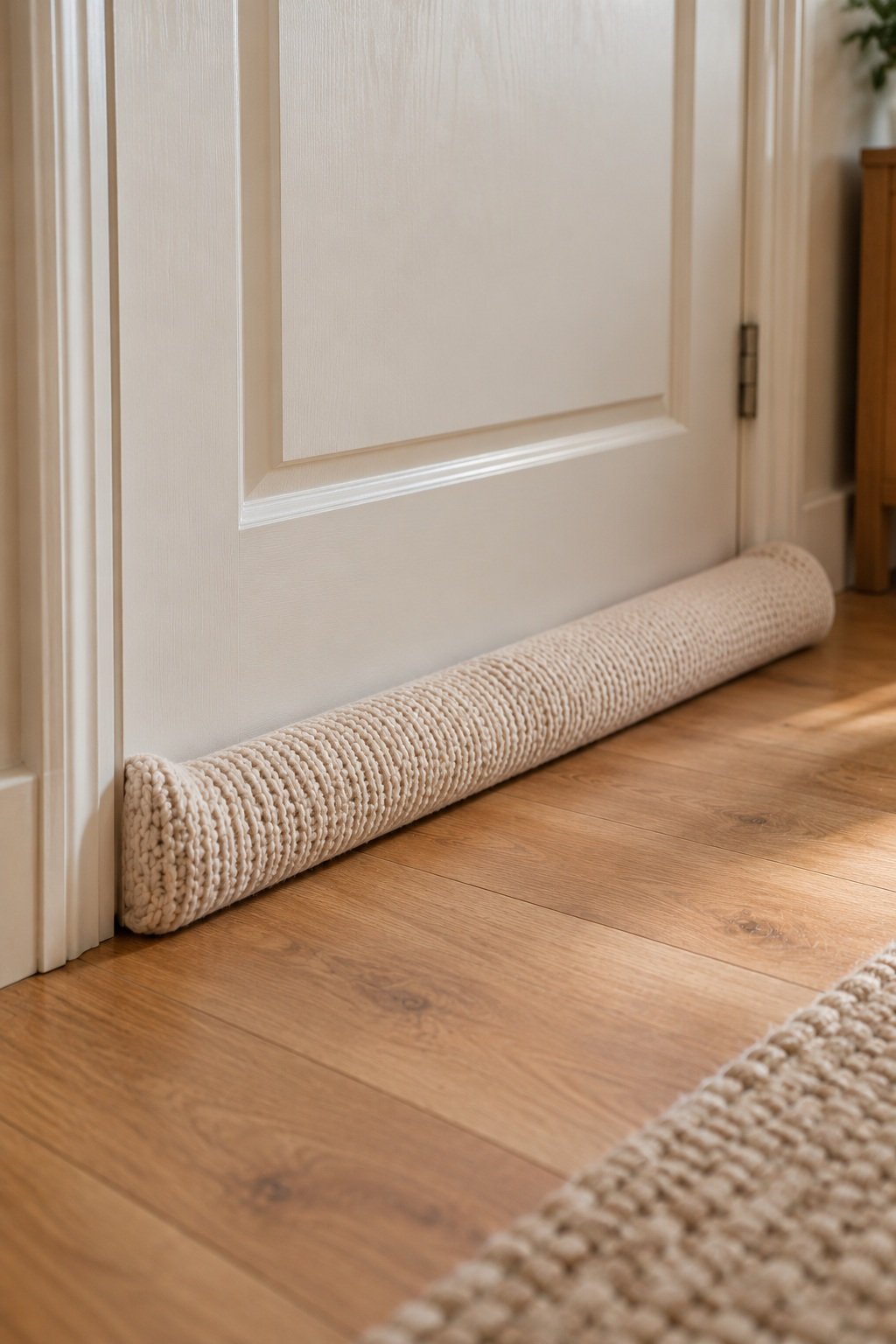 Cream knit draft stopper along the bottom of a white bedroom door