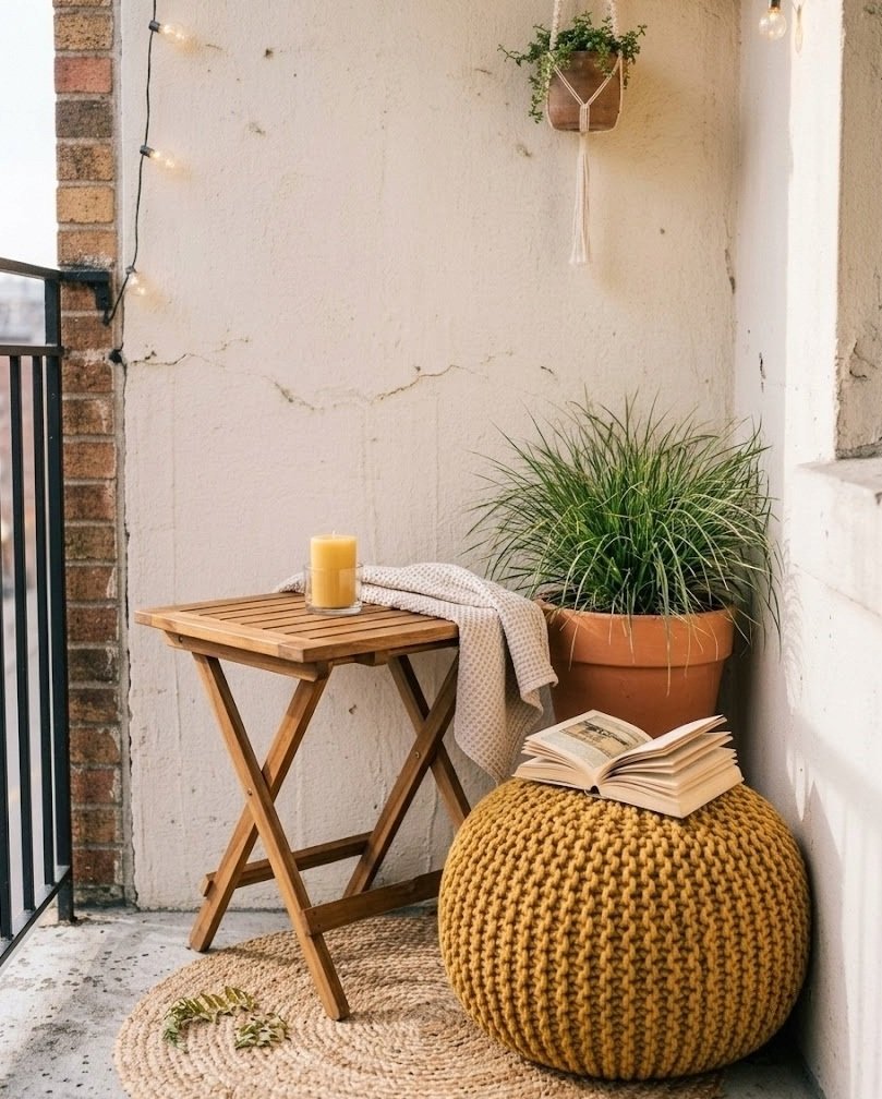 Mustard knit pouf and folding wooden side table in a balcony corner