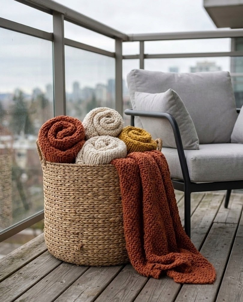 Woven basket of rolled rust, cream, and mustard knit throws by a balcony chair