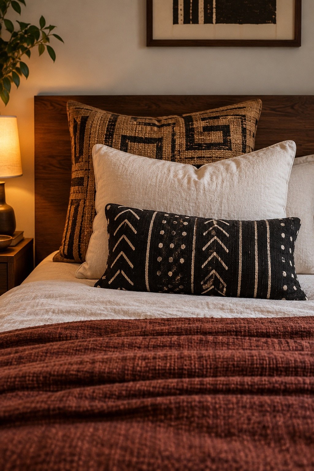 Kuba raffia square pillow, cream linen pillow and small mudcloth lumbar layered against a headboard