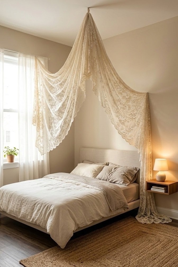 sheer cream lace fabric draped from the ceiling on either side of a headboard