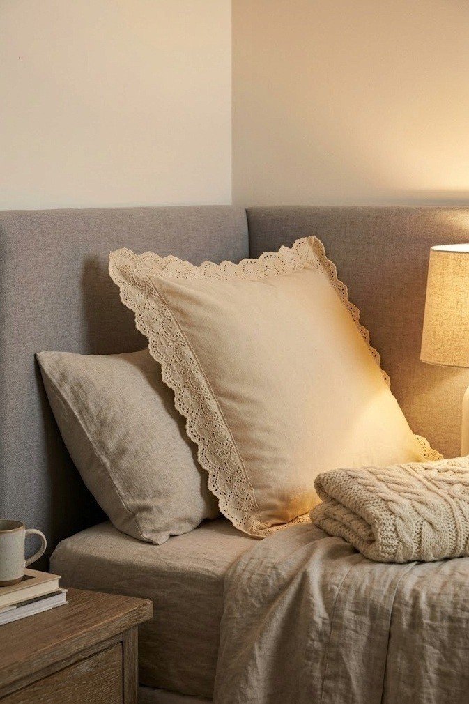 cream euro sham with a wide scalloped eyelet lace border behind oatmeal pillows
