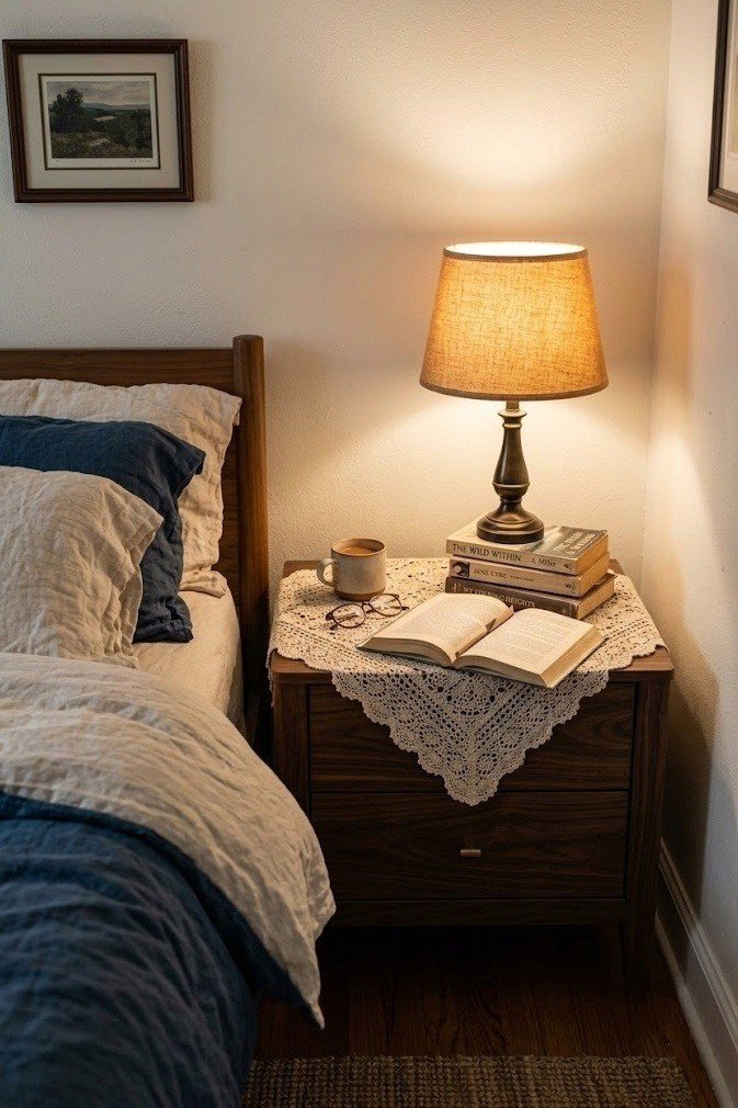 cream lace dresser scarf on a dark walnut nightstand with a lamp and books