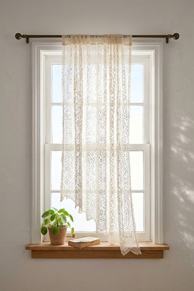 airy cream lace panel over a bedroom window filtering morning daylight