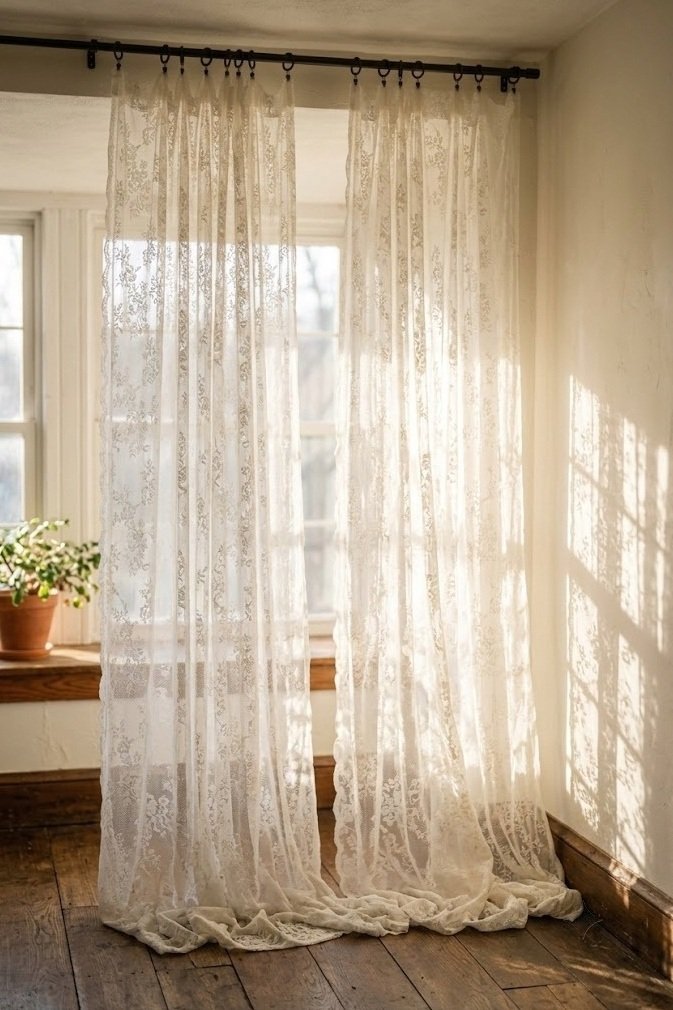Floor-length ivory lace curtains backlit by daylight