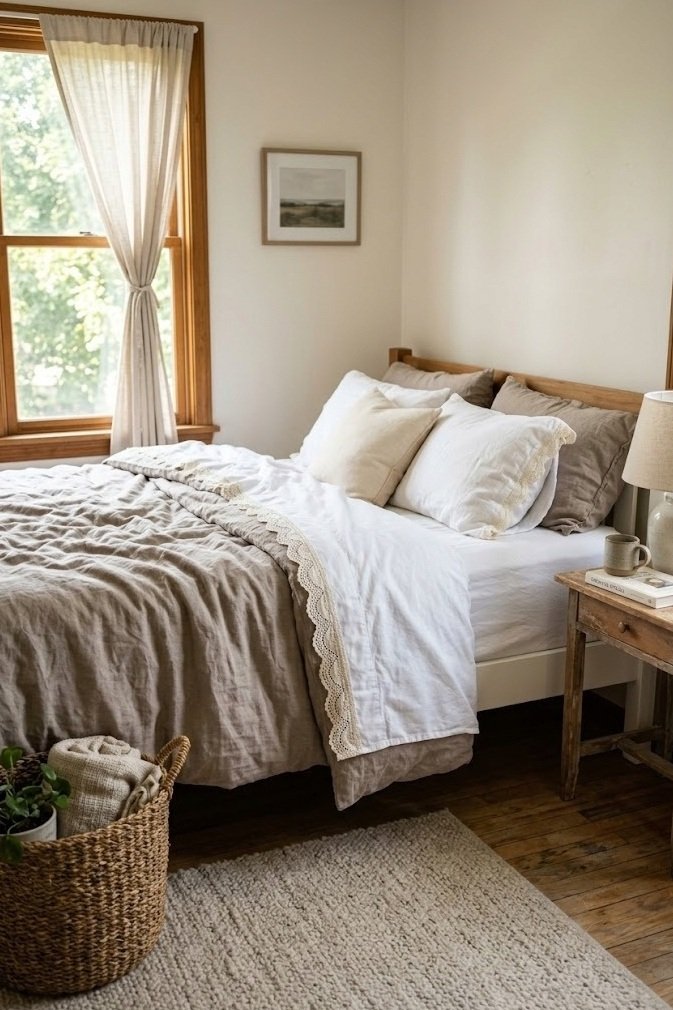 cream lace-trimmed sheet folded over a taupe linen duvet on a neutral bed