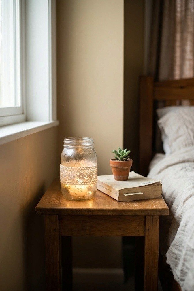 glass jar wrapped in cream lace with a warm light glowing inside on a nightstand