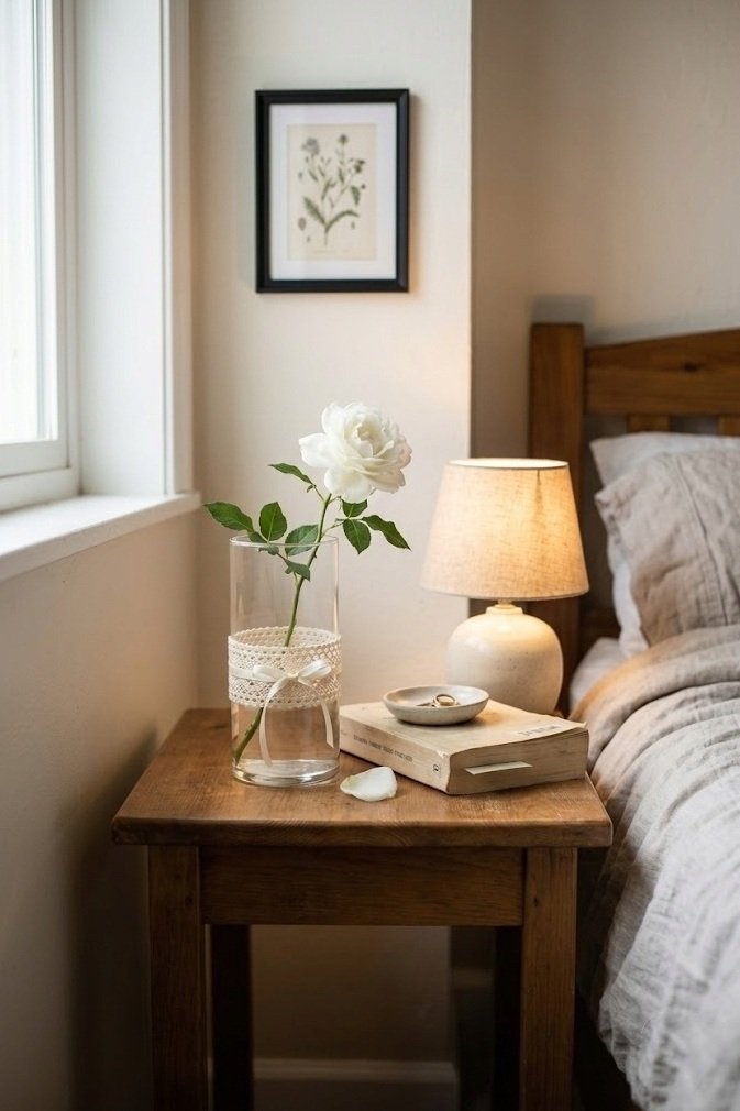 plain vase wrapped with a thin cream lace strip tied with ribbon on a nightstand