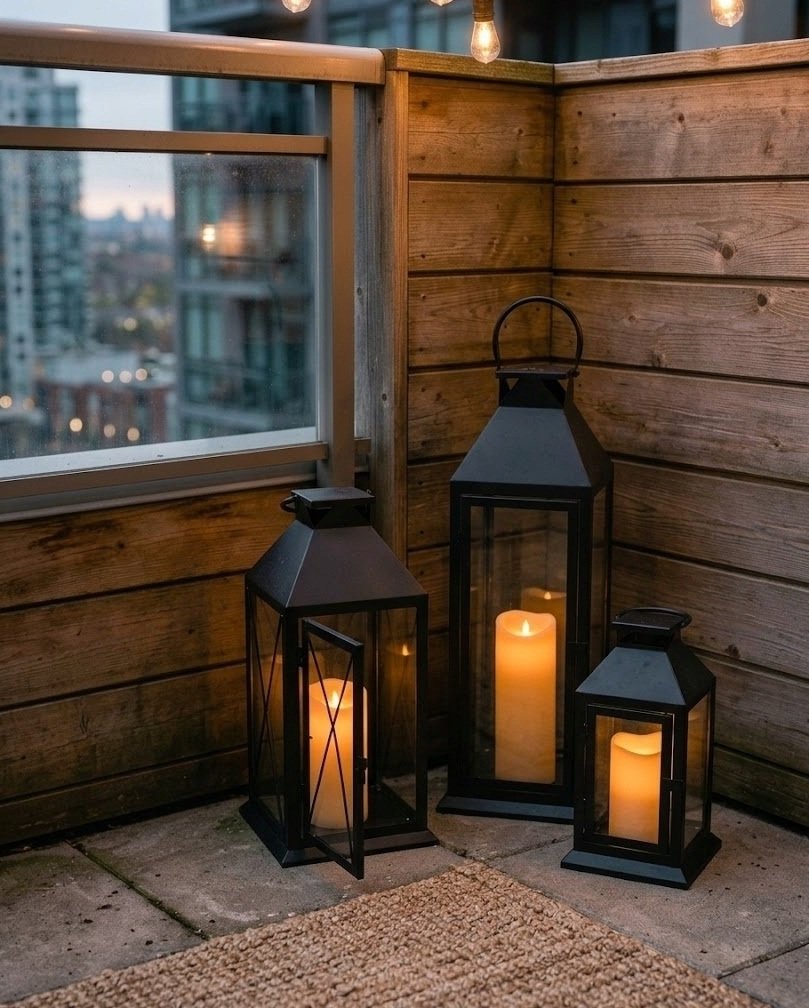 Cluster of three black lanterns with LED candles on a balcony floor