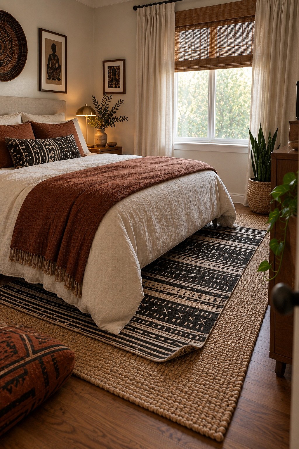 Jute rug layered with a smaller black and cream patterned rug under the front of a bed in a small bedroom