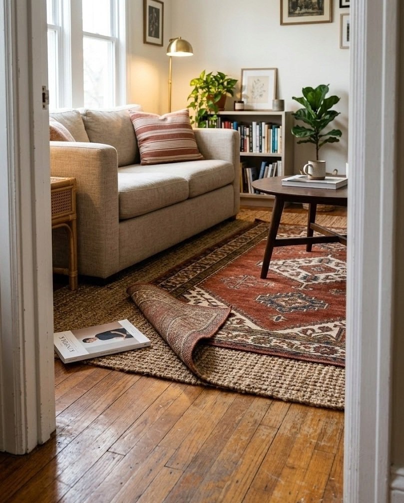 Layered rugs with a natural jute base and a smaller rust washable rug on top