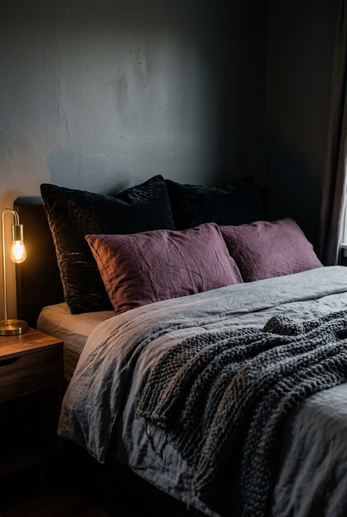 Bed layered with a black velvet euro sham, deep plum pillow, and charcoal knit throw