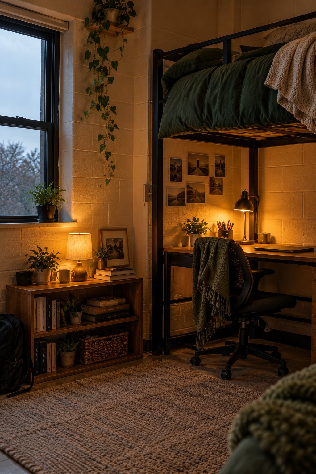 Two small warm lamps at different heights lighting a dim dorm corner