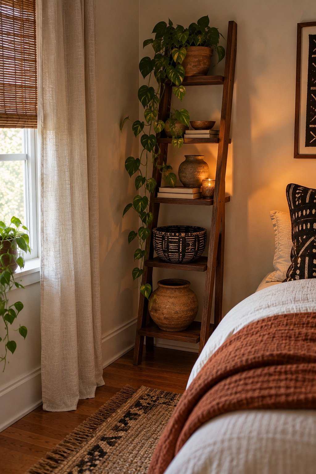 Narrow wooden leaning ladder shelf in a bedroom corner with a clay pot, books and a trailing pothos