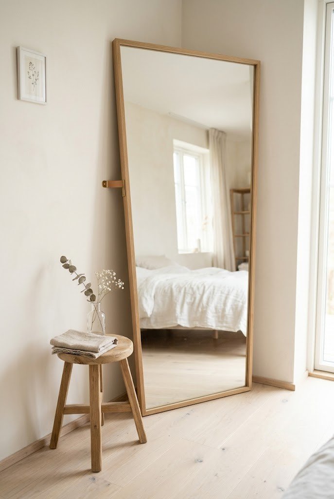 Full-length leaning mirror and a small wooden stool styled in a bright bedroom corner