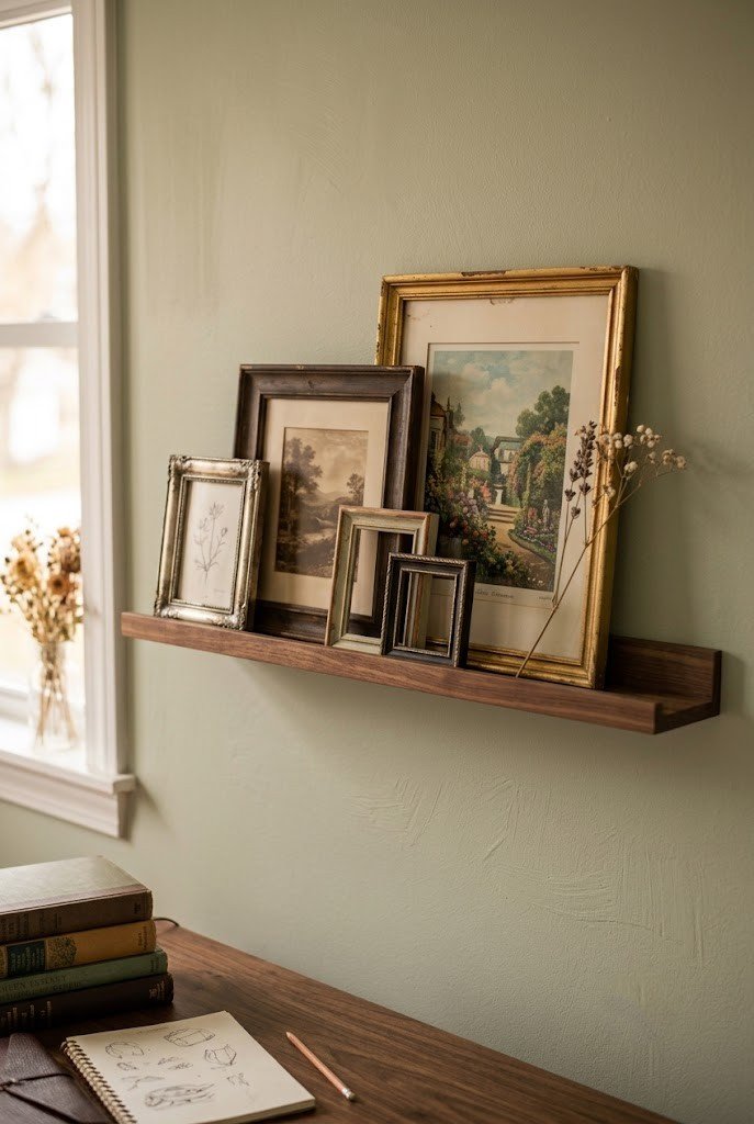 Leaning vintage print gallery on a no-drill ledge above a desk