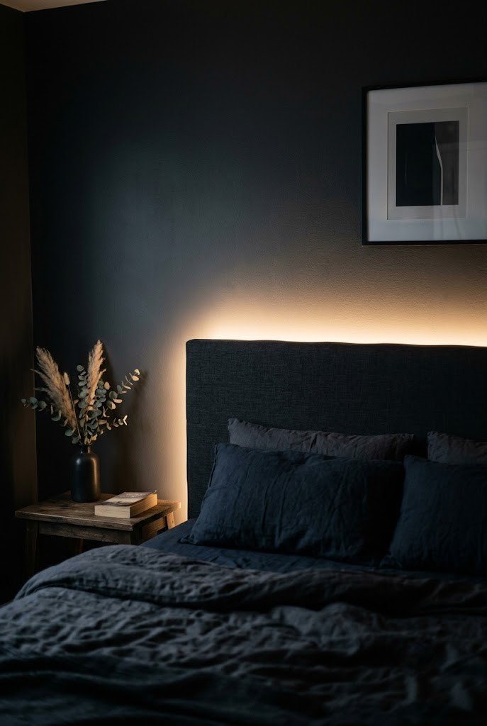 Warm LED strip backlighting a headboard against a dark bedroom wall