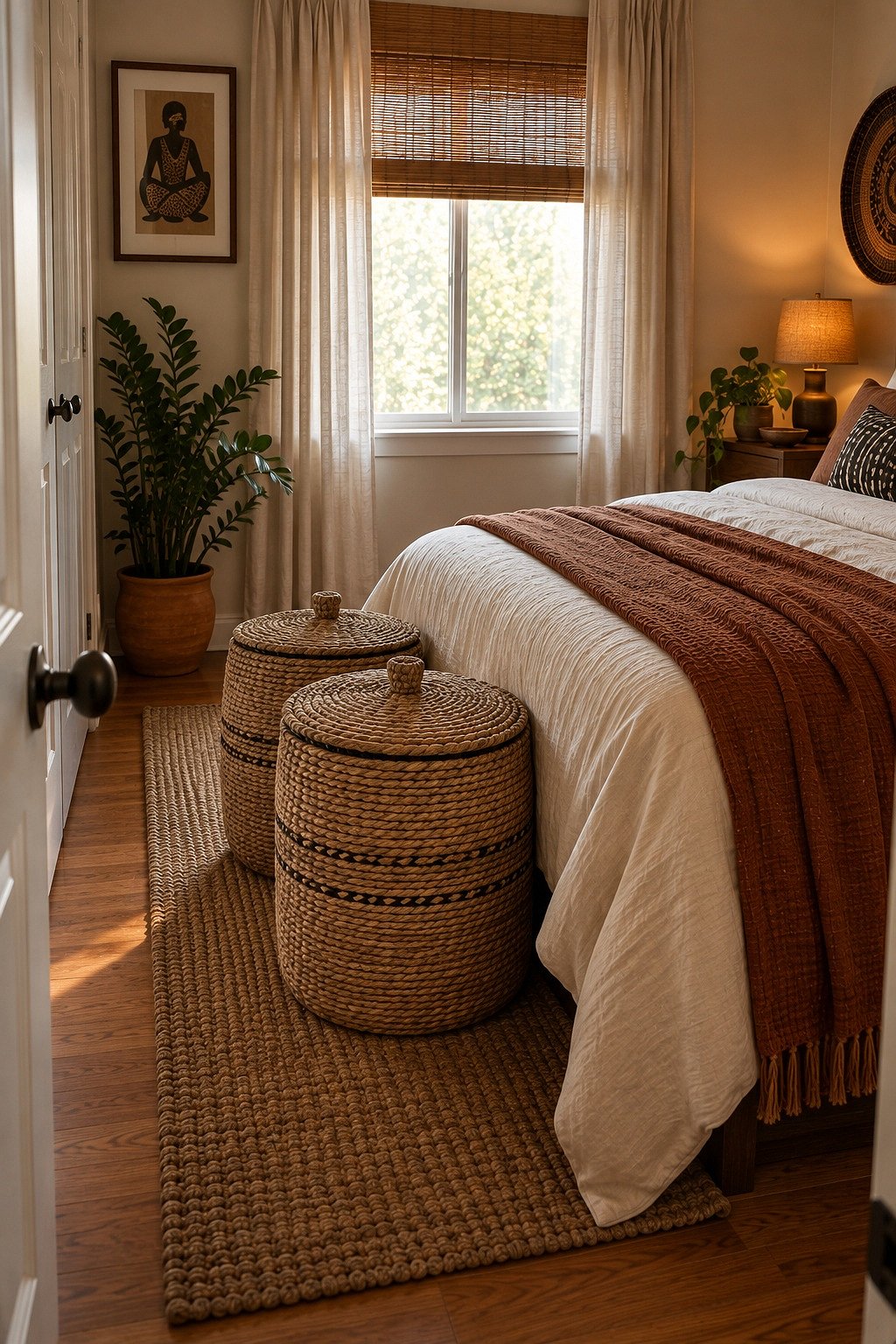 Two tall lidded seagrass storage baskets at the foot of a bed in a small bedroom