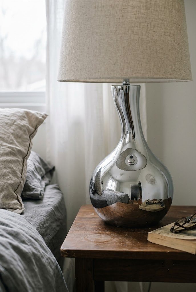 Curved liquid chrome table lamp with a mirrored body on a small nightstand