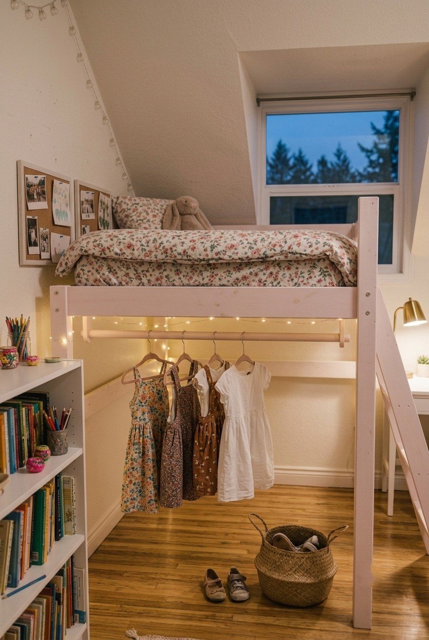 Pale pink twin loft bed with a clothes rail and hanging dresses underneath in a narrow bedroom