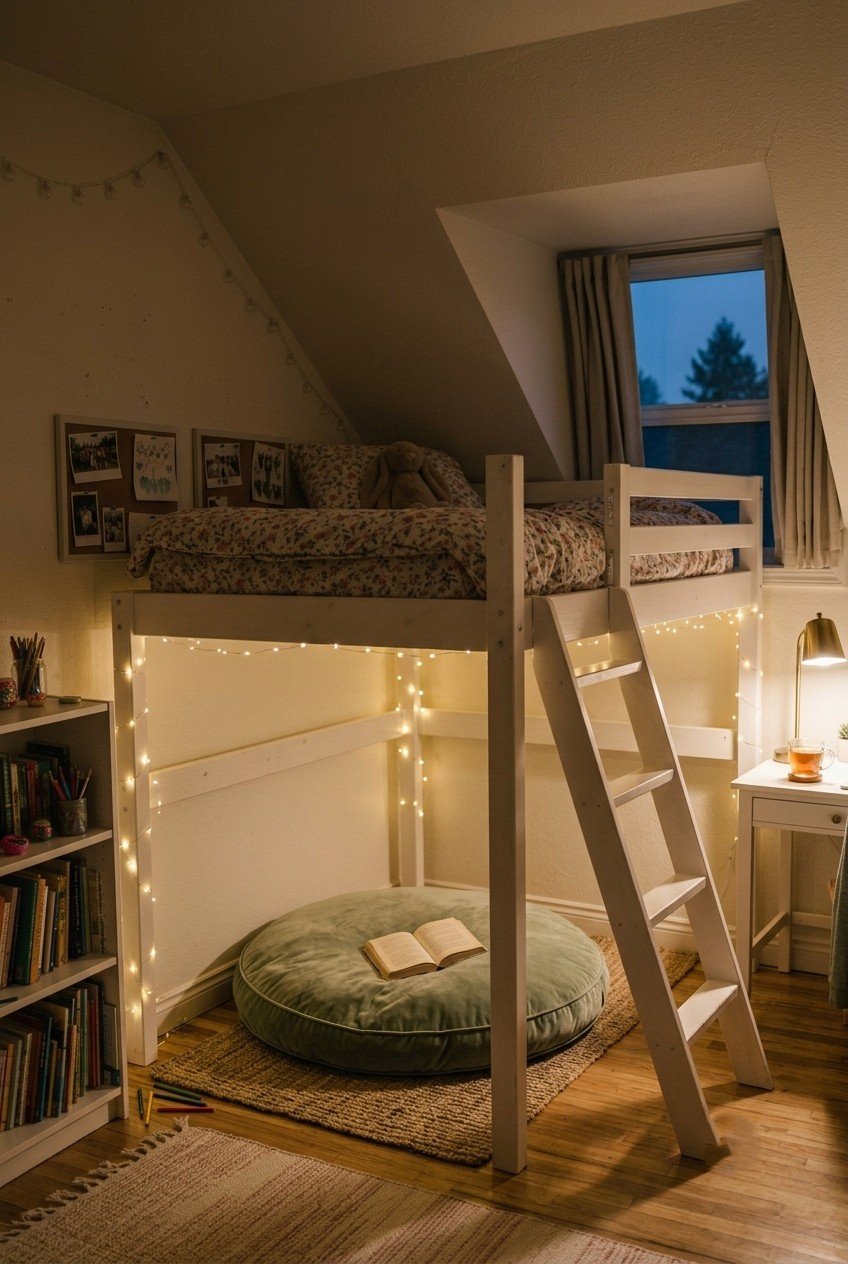White twin loft bed with a reading nook, floor cushion, and string lights underneath