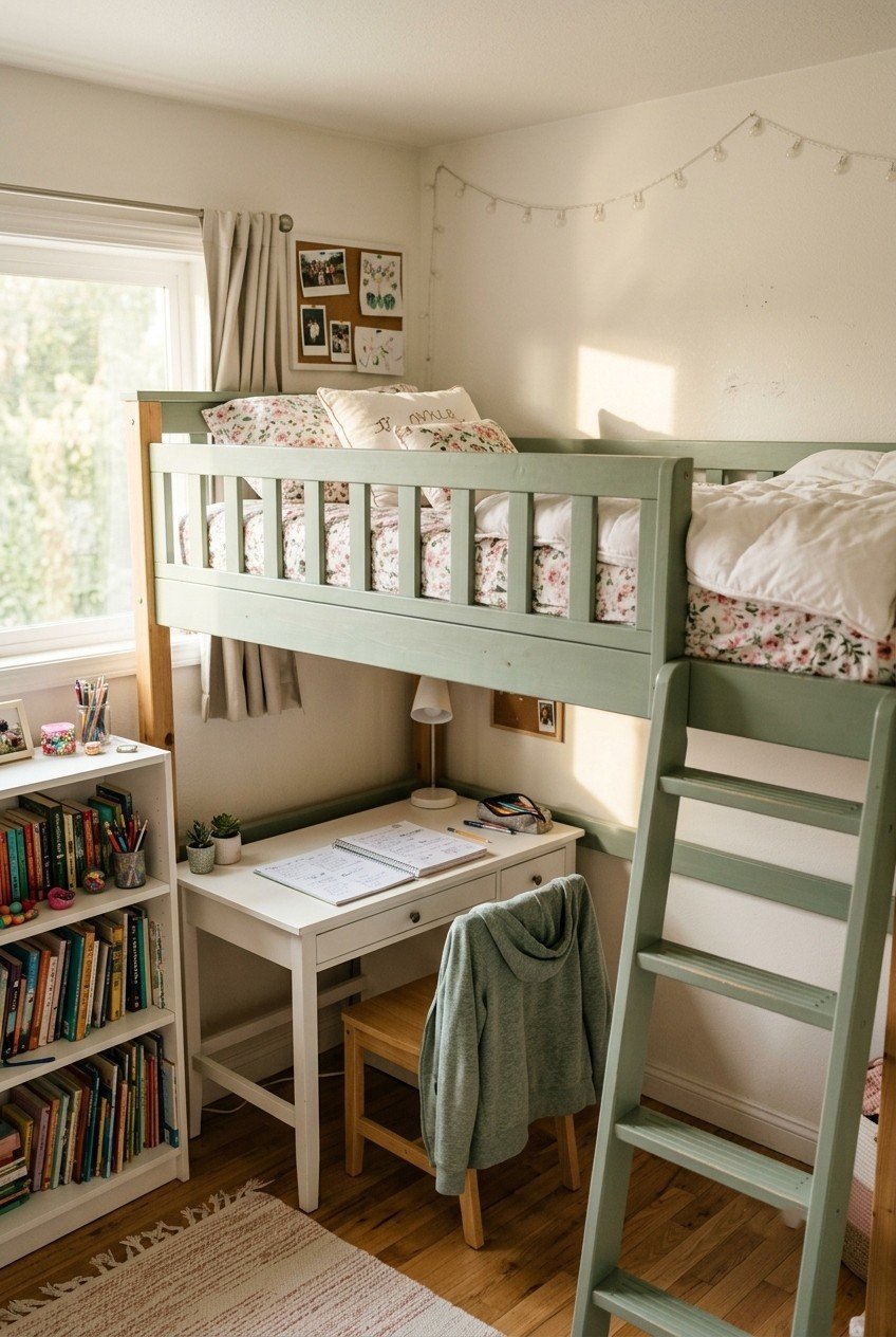 Sage green twin loft bed with a white desk and chair tucked underneath in a small girl's bedroom
