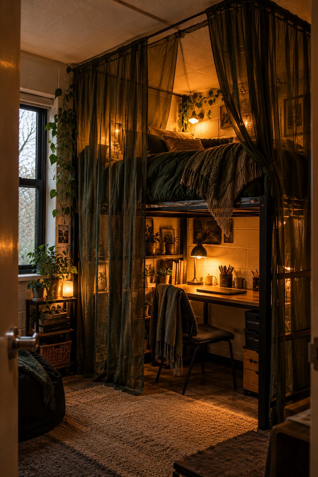 Sheer dark curtains hung from a lofted bed frame enclosing the mattress like a canopy