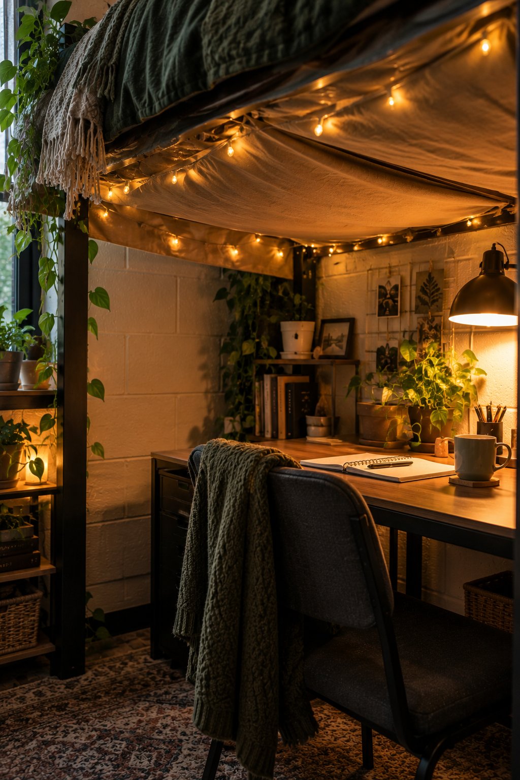 Underside of a lofted bed with warm fairy lights and draped fabric hiding the metal frame