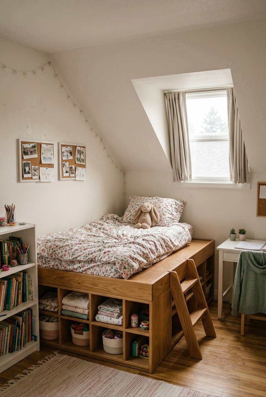 Low oak cabin bed with storage cubbies in the base in a sloped-ceiling attic bedroom