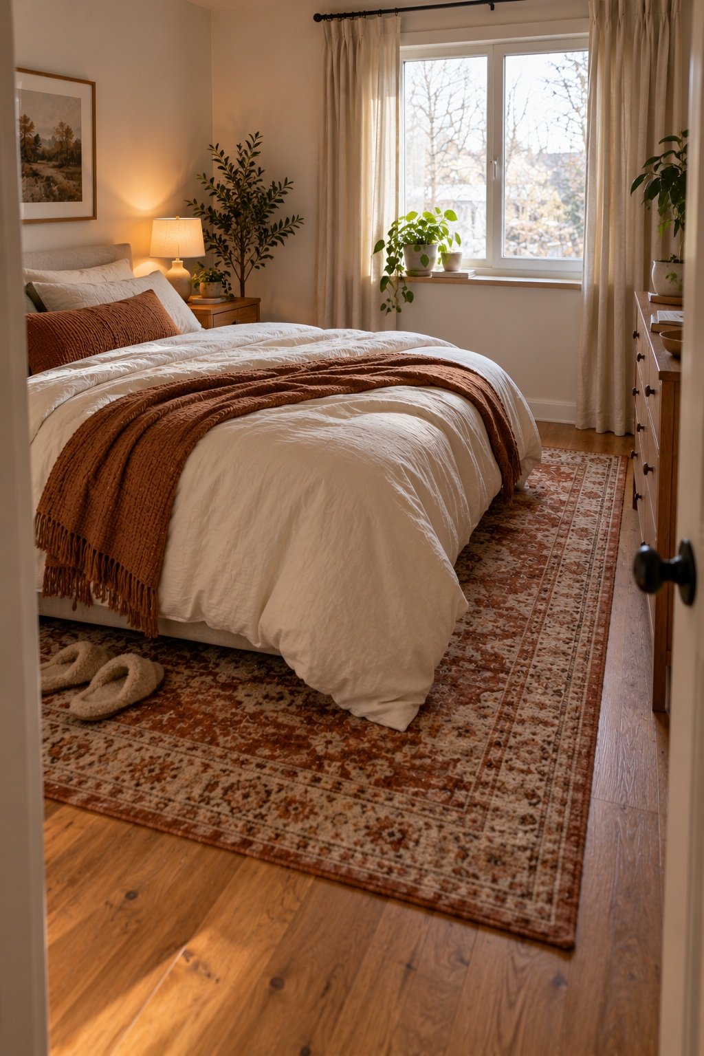 Rust and cream low pile rug under the bottom of a bed seen from the bedroom door