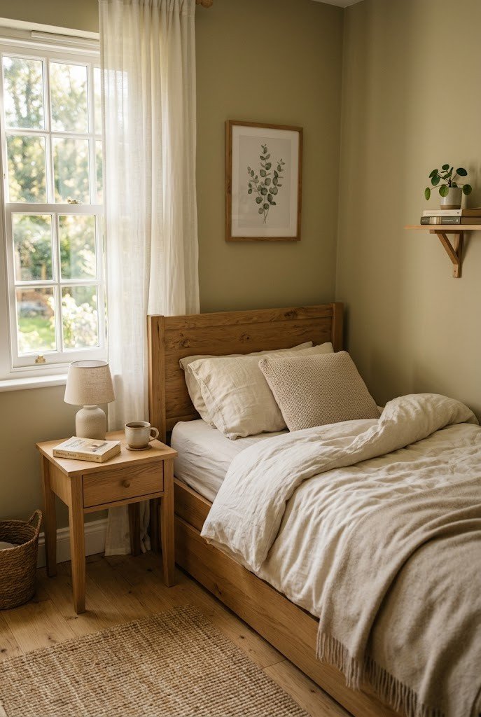 Small warm beige bedroom with oak furniture and cream bedding
