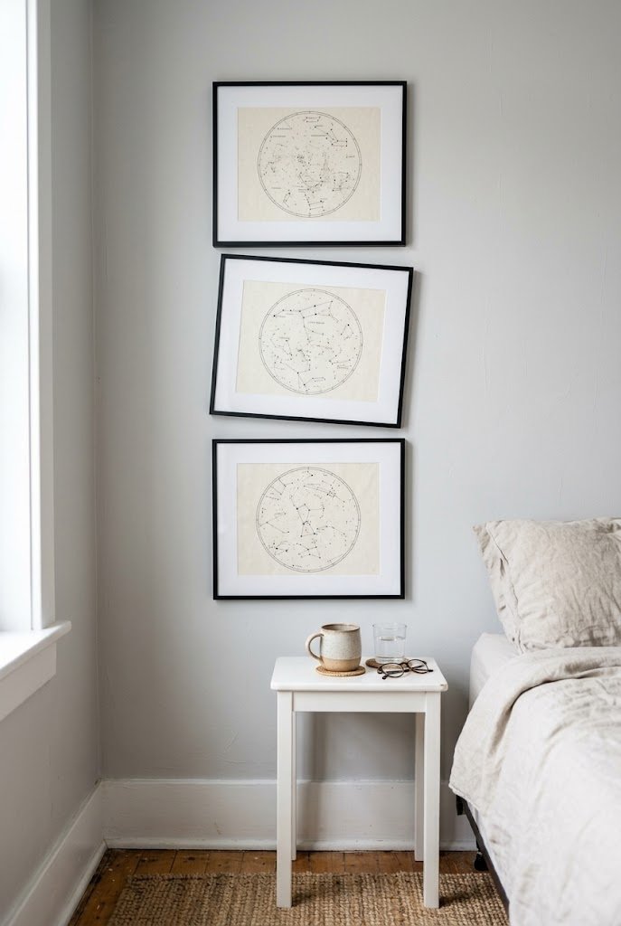 Three matte black framed constellation prints stacked vertically above a narrow nightstand