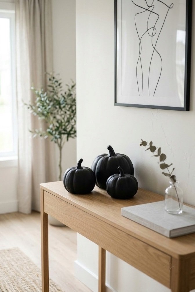Matte black ceramic pumpkins on a console for modern monochrome Halloween decor