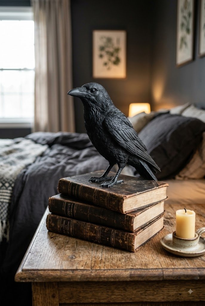 Single matte black resin raven perched on a stack of dark leather books on a nightstand