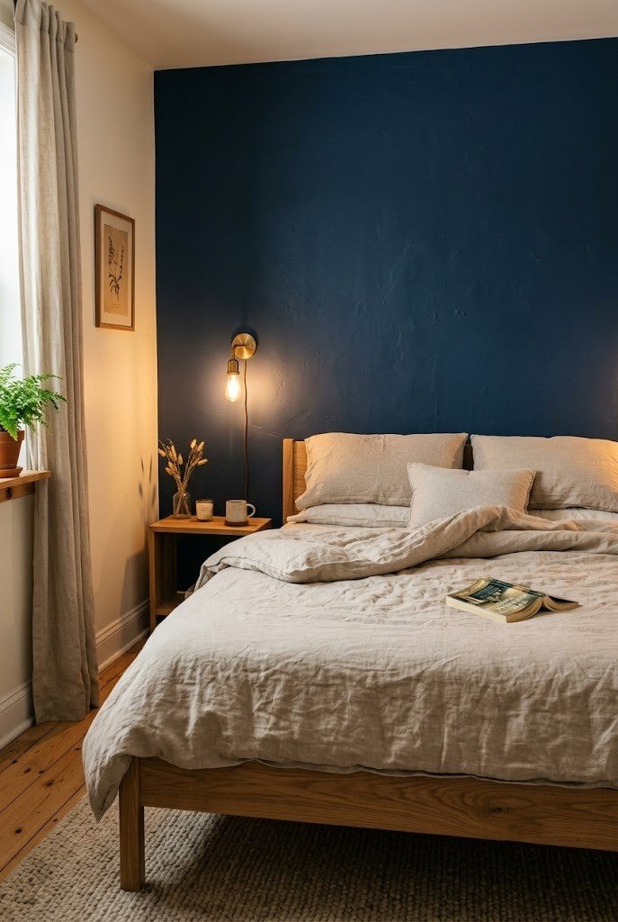 Small bedroom with a matte deep indigo accent wall behind a low oak bed and oatmeal linen bedding