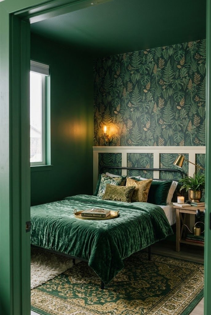 Maximalist green bedroom with botanical wallpaper and layered textiles