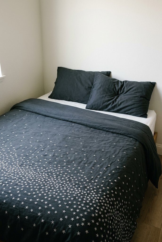 Charcoal duvet cover scattered with small silver metallic thread stars on a bed in a small room