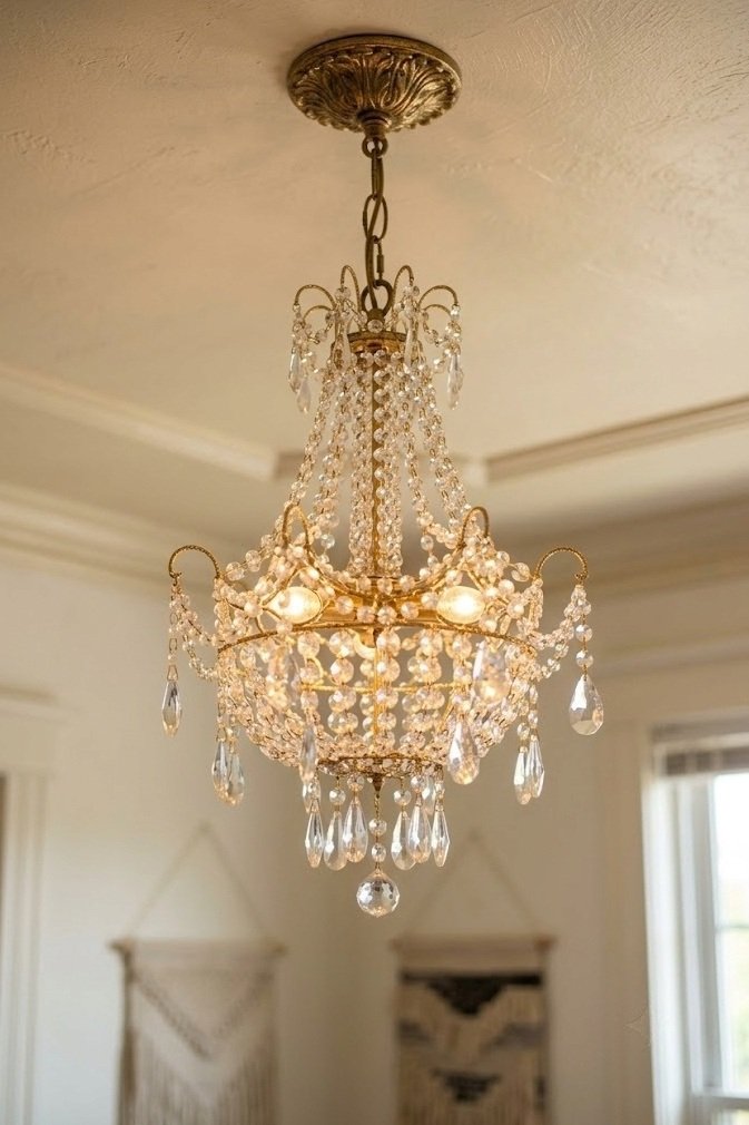 Small crystal mini chandelier on a cream ceiling