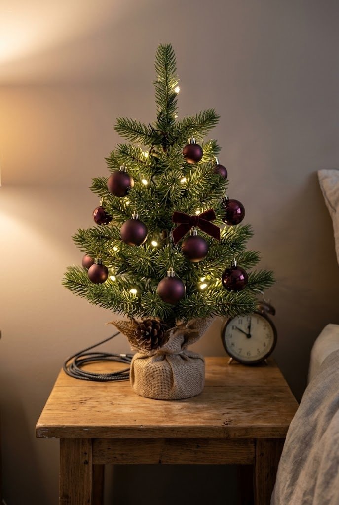 Small pre-lit tabletop Christmas tree with burgundy ornaments on a nightstand