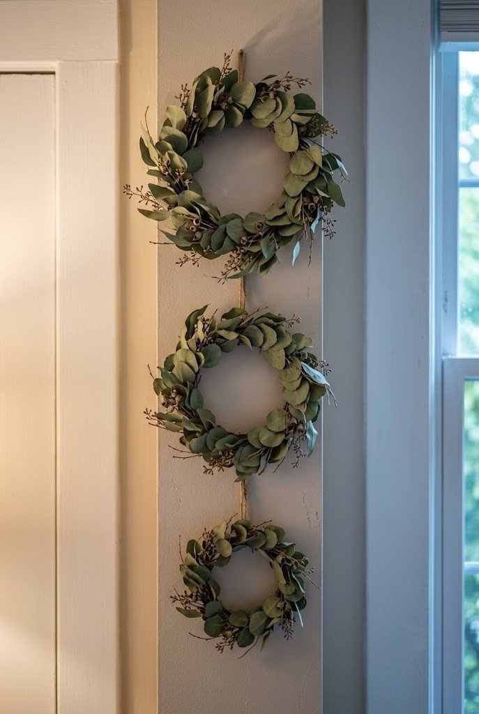 Three small eucalyptus wreaths stacked on a narrow bedroom wall strip