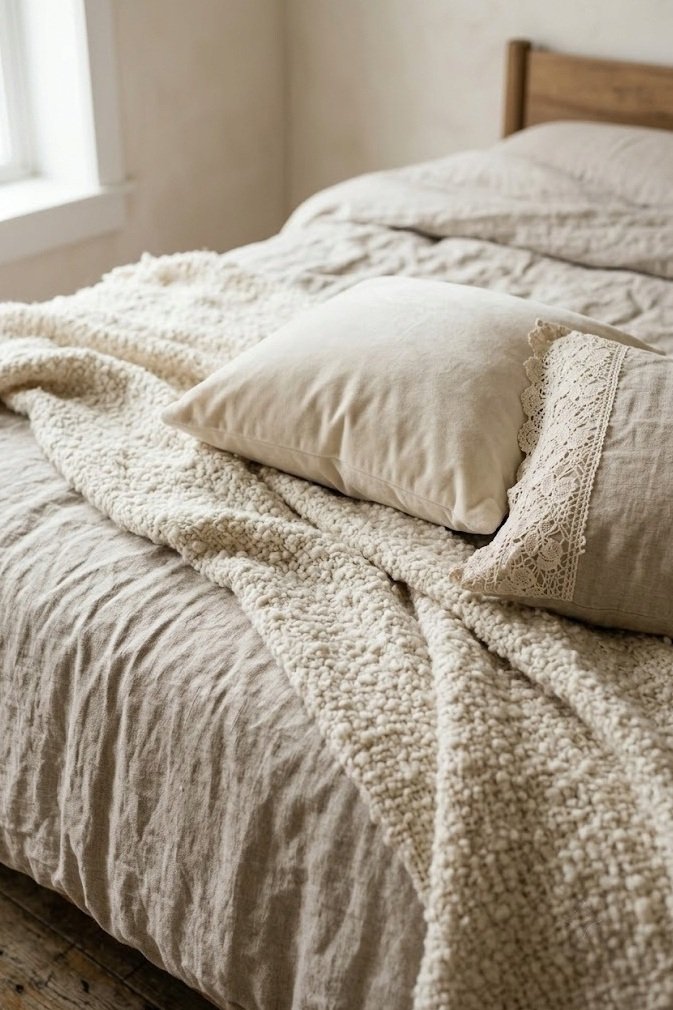 Layered linen, velvet, boucle, and lace textures on a bed