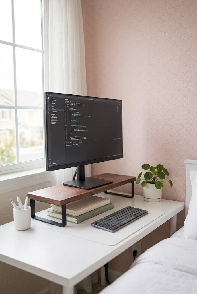 Monitor riser with hidden storage underneath on a small desk